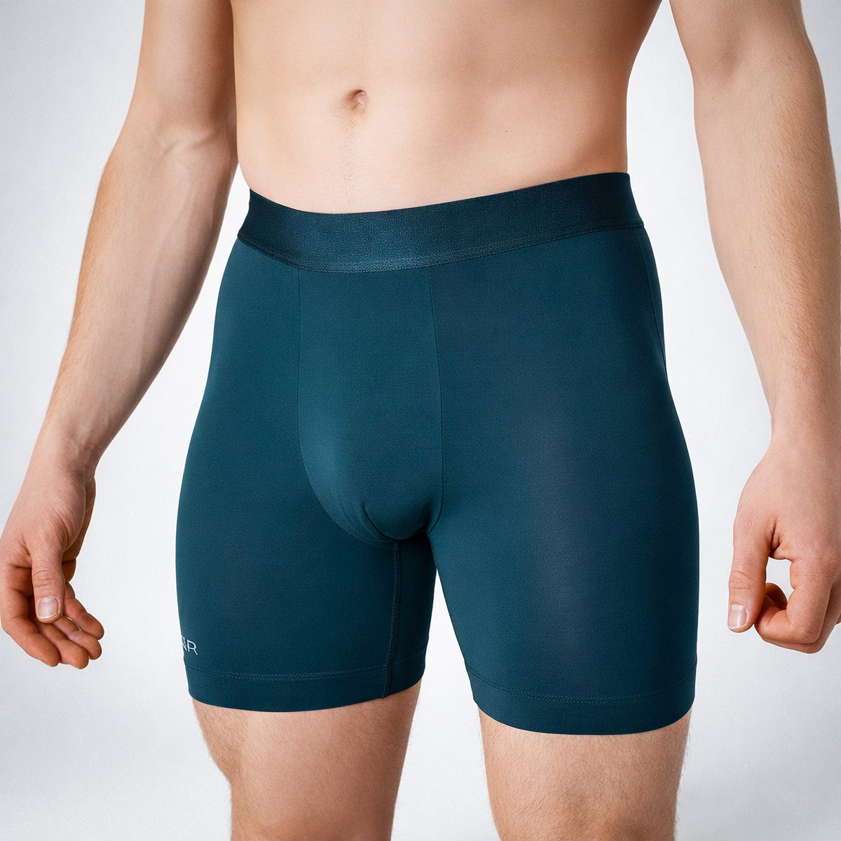Nether Boxer Brief in Forest - front view on model showing supportive Valley Pouch fit, flatlock seams, and comfortable mid-rise waistband